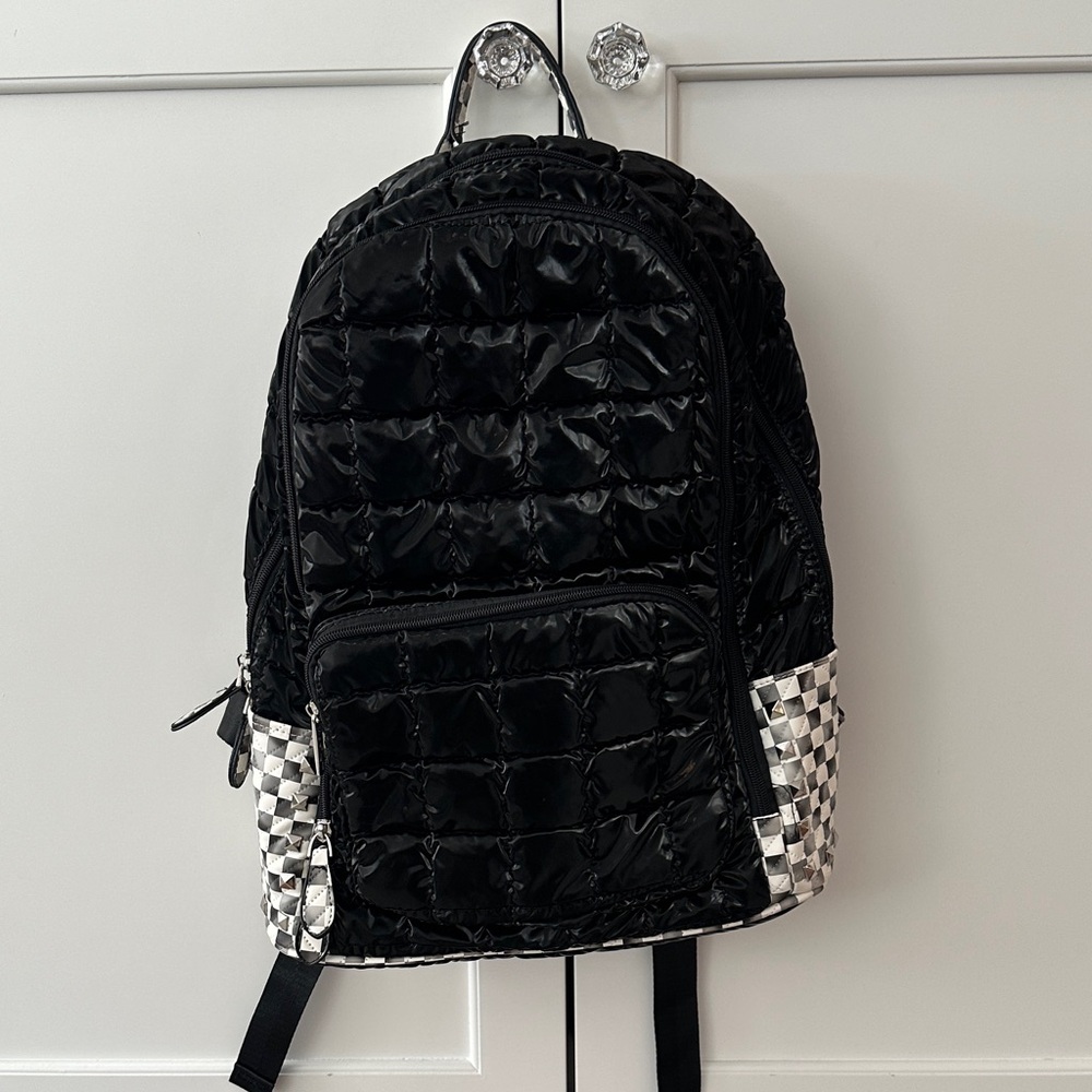 Sleek Black Quilted Backpack AND matching lunch box  with Checkered Accents